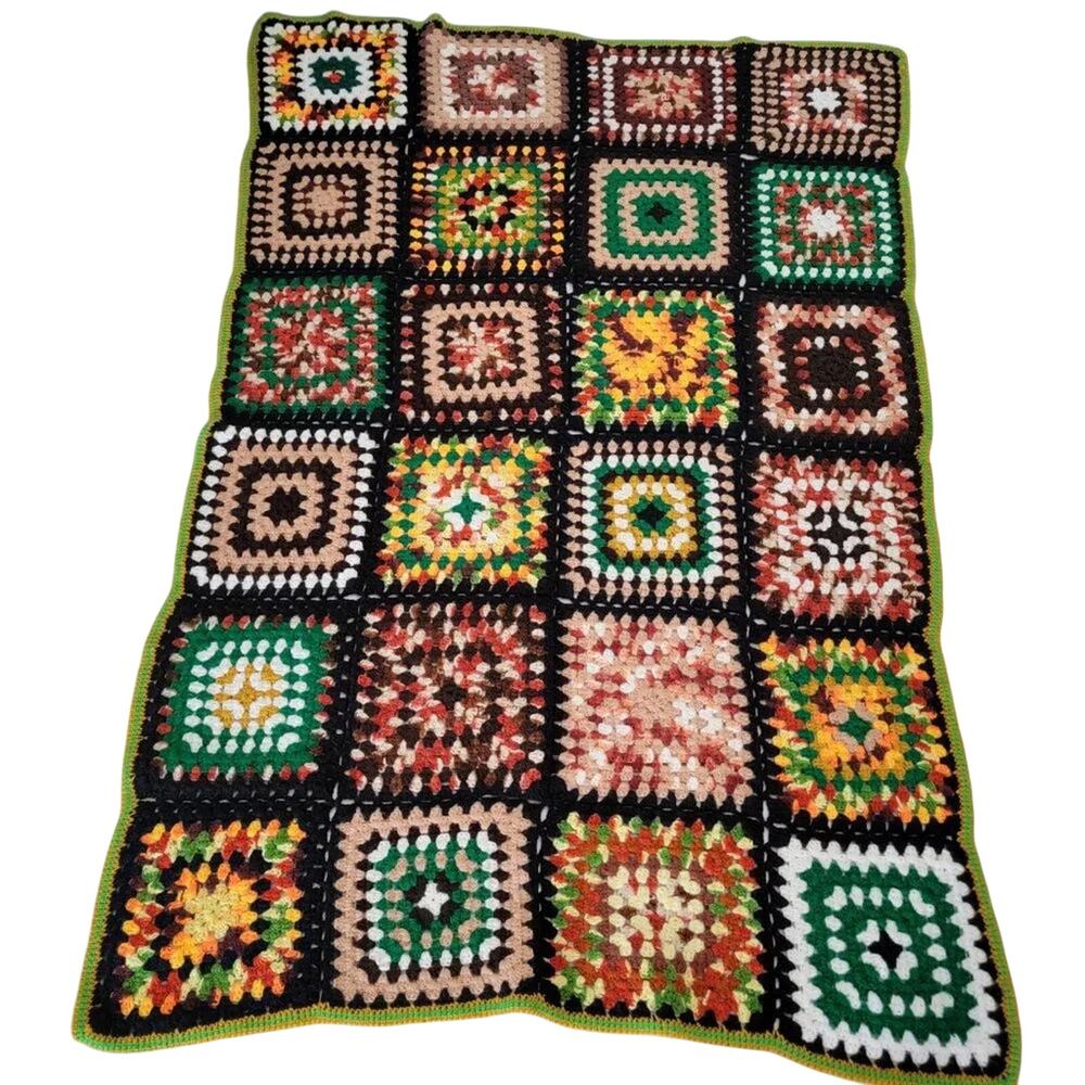 Vintage Handmade Crochet Granny Square Blanket Multicolor 53 x 75 Cozy Throw